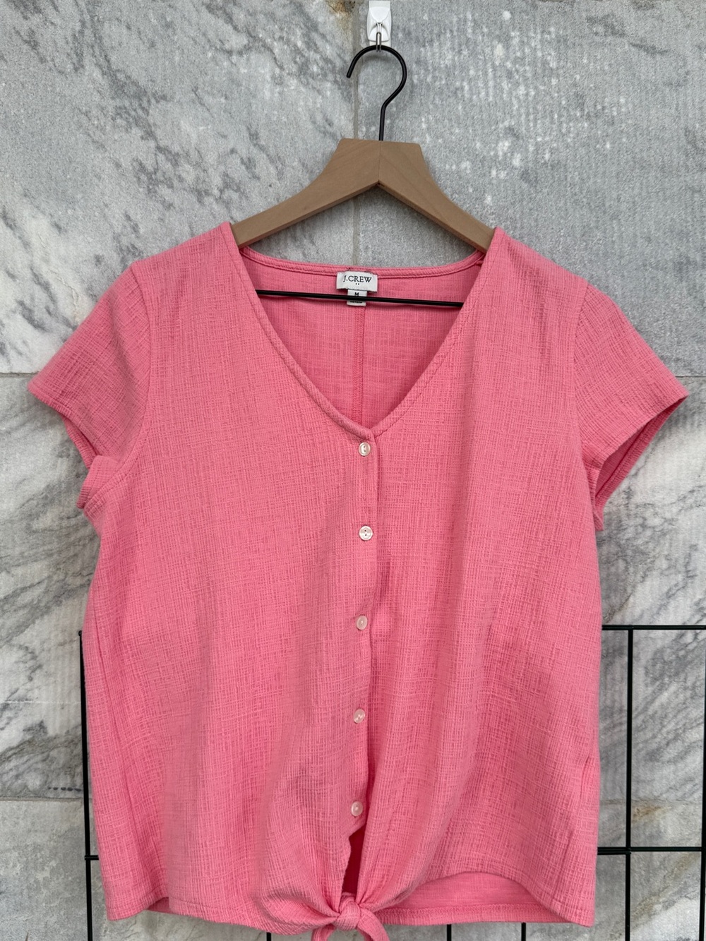 J. Crew Coral Pink Short Sleeve Button Front Tie Hem Top